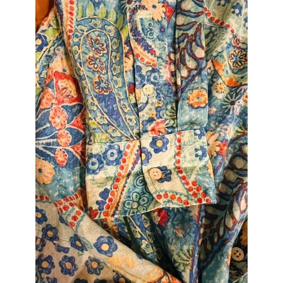 Ralph Lauren Blue Paisley Tie Waist Blouse Womens Large Button Front Classic - Picture 2 of 5